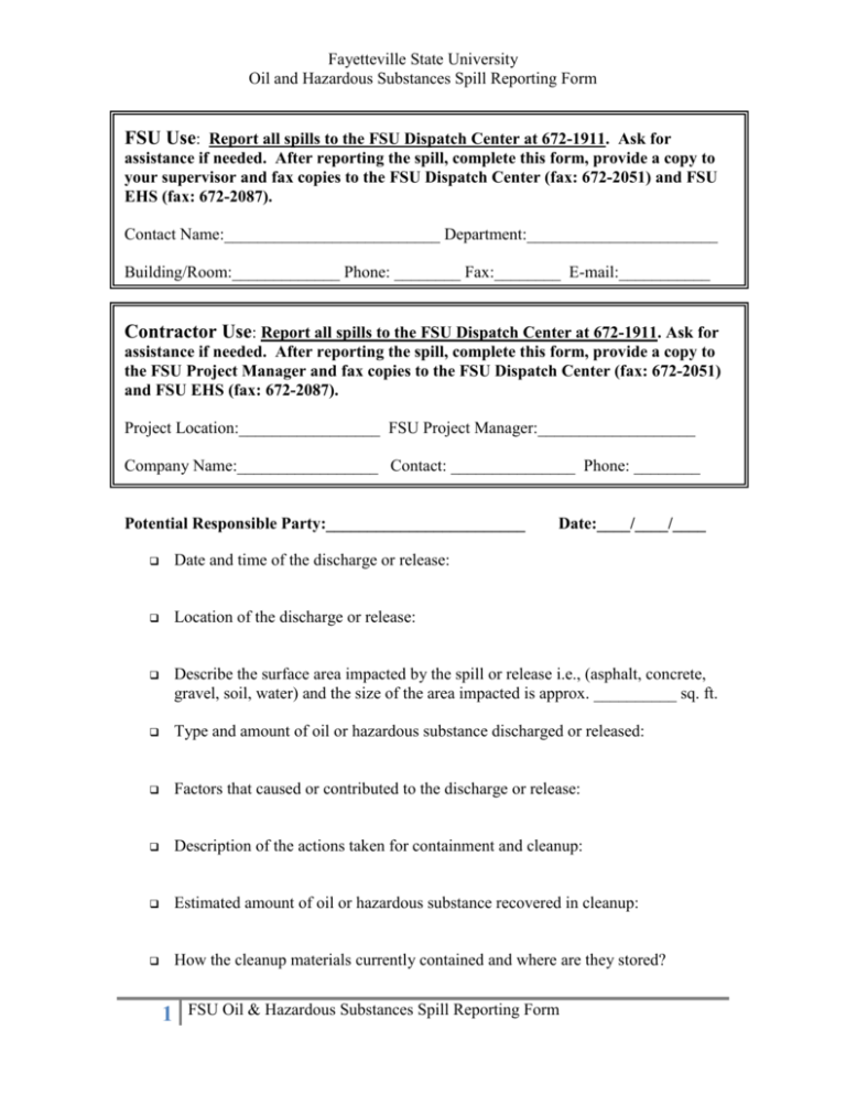 EHS Spill Reporting Form - Fayetteville State University