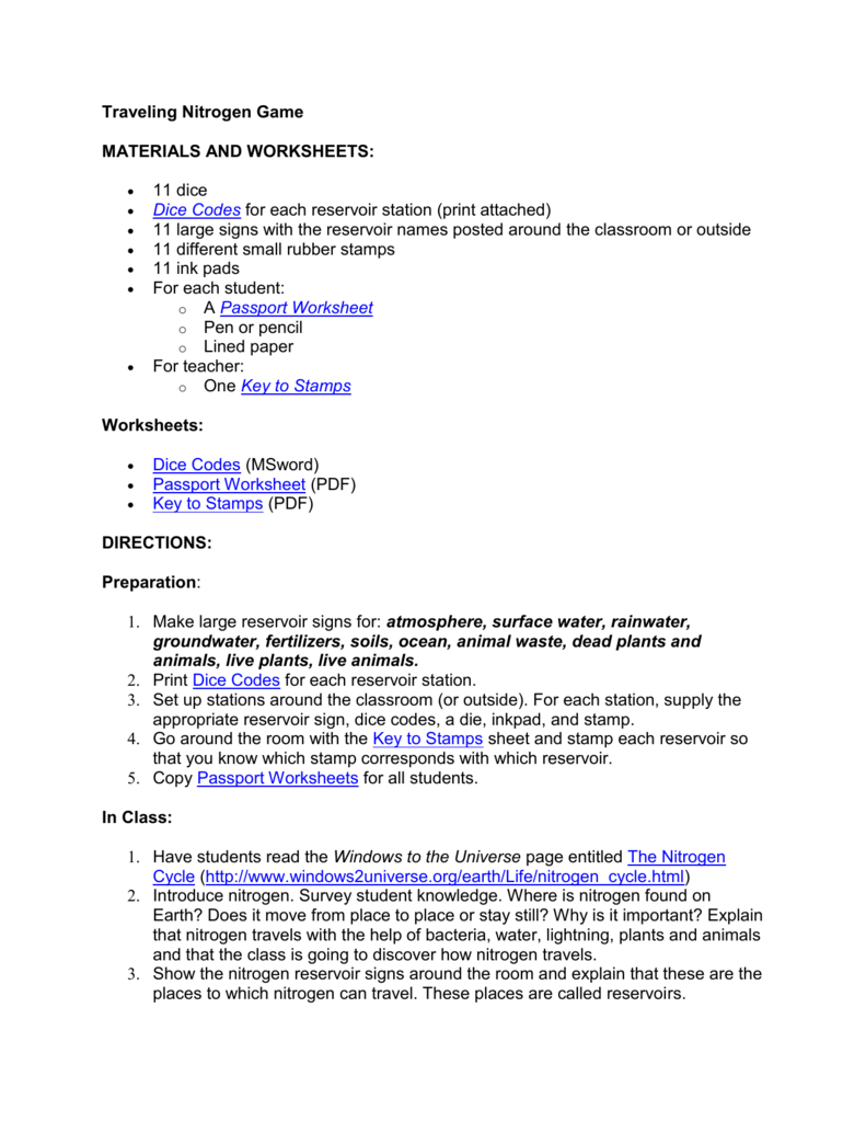 Traveling Nitrogen Game MATERIALS AND WORKSHEETS: 25 dice Regarding Nitrogen Cycle Worksheet Answer Key