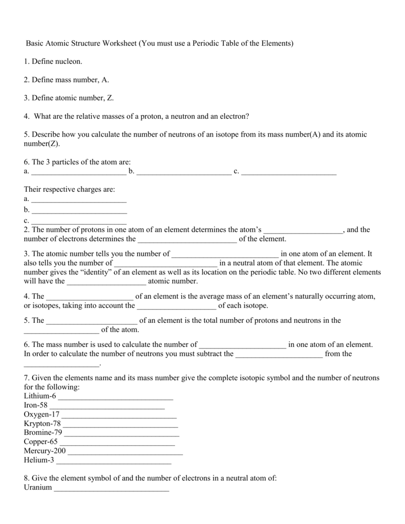 Atomic Structure Worksheet Answer Key - Subatomic ...