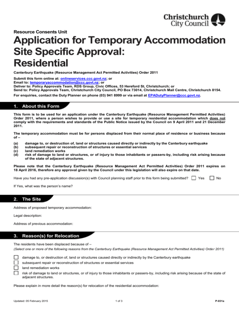 P 031a Application For Temporary Residential Accommodation P 031a Application For Temporary Residential Accommodation