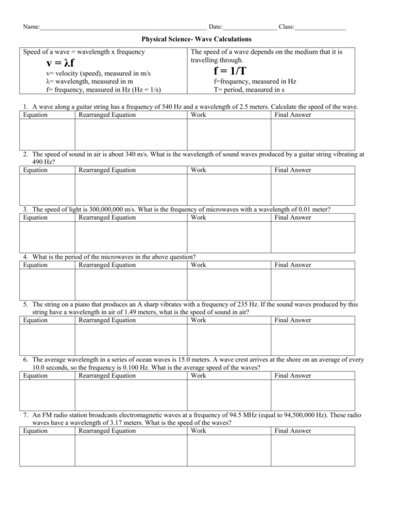 Wave Velocity Calculations Worksheet Answer Key