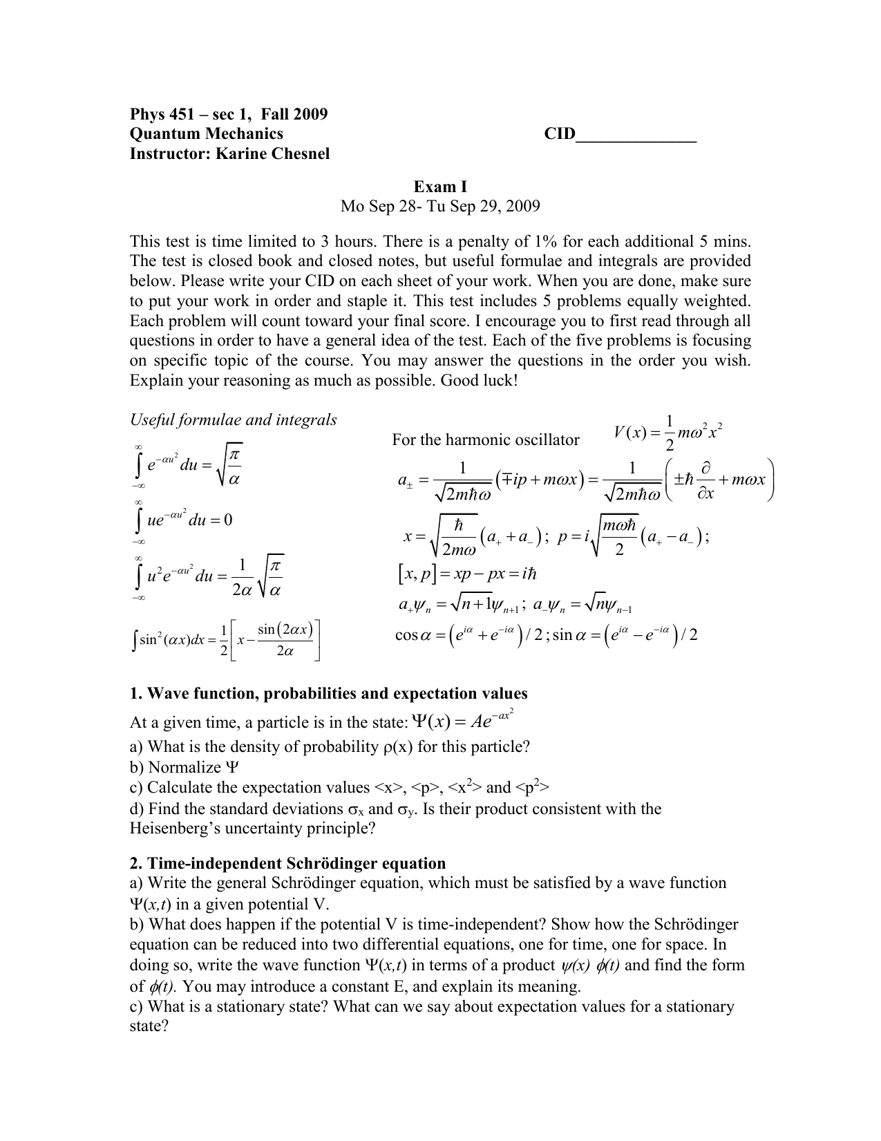 Quantum Mechanics I