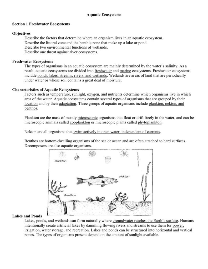Aquatic Ecosystems Section 1 Freshwater Ecosystems Objectives