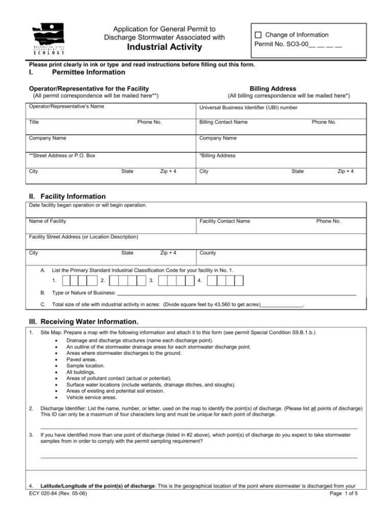 Application for General Permit to Discharge Stormwater Associated