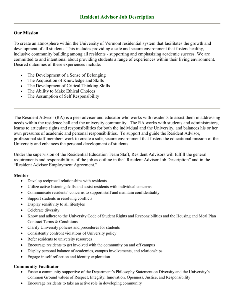 Resident Advisor Job Description - Residential Life