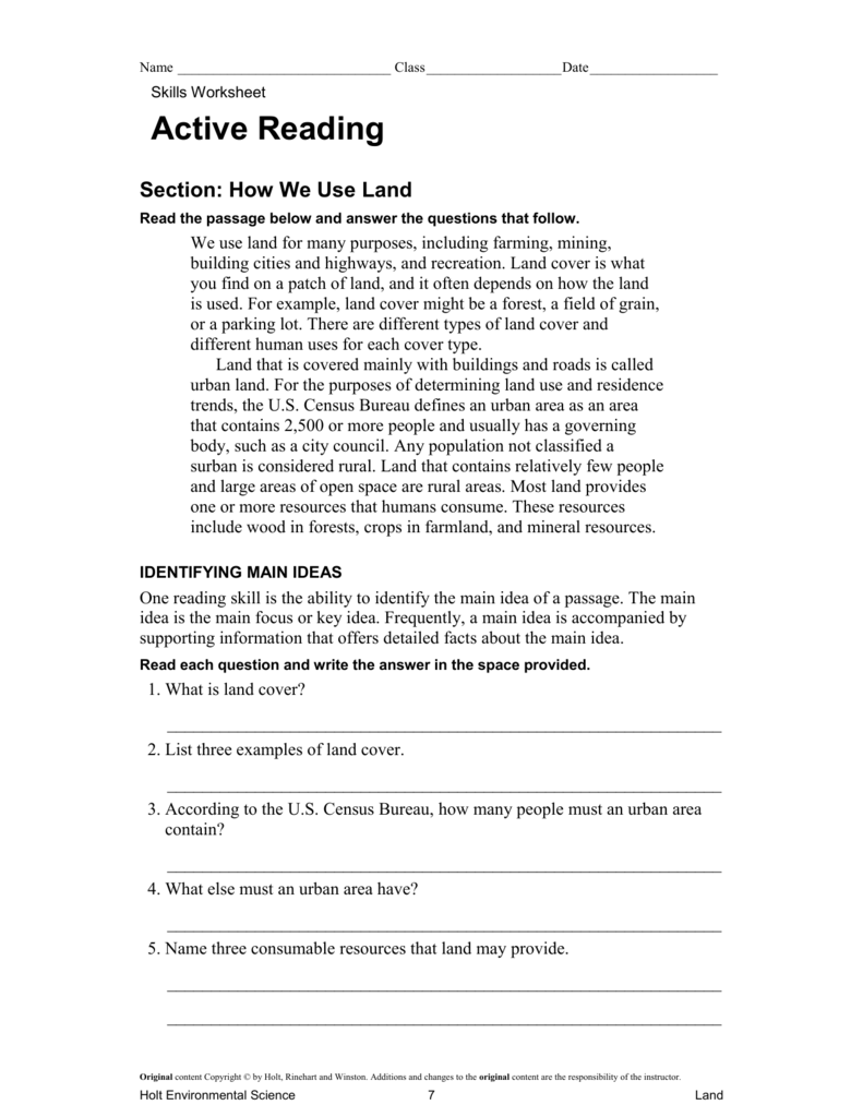 Active Reading: How We Use Land With Skills Worksheet Active Reading