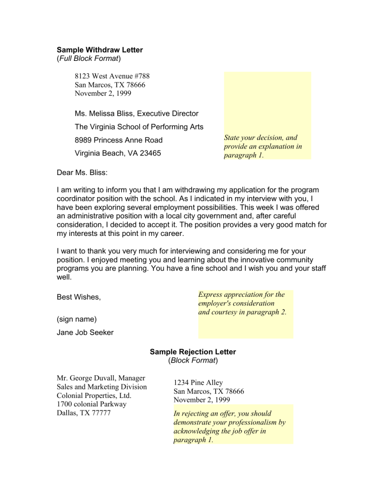 Sample Job Application Withdrawal Rejection Letters