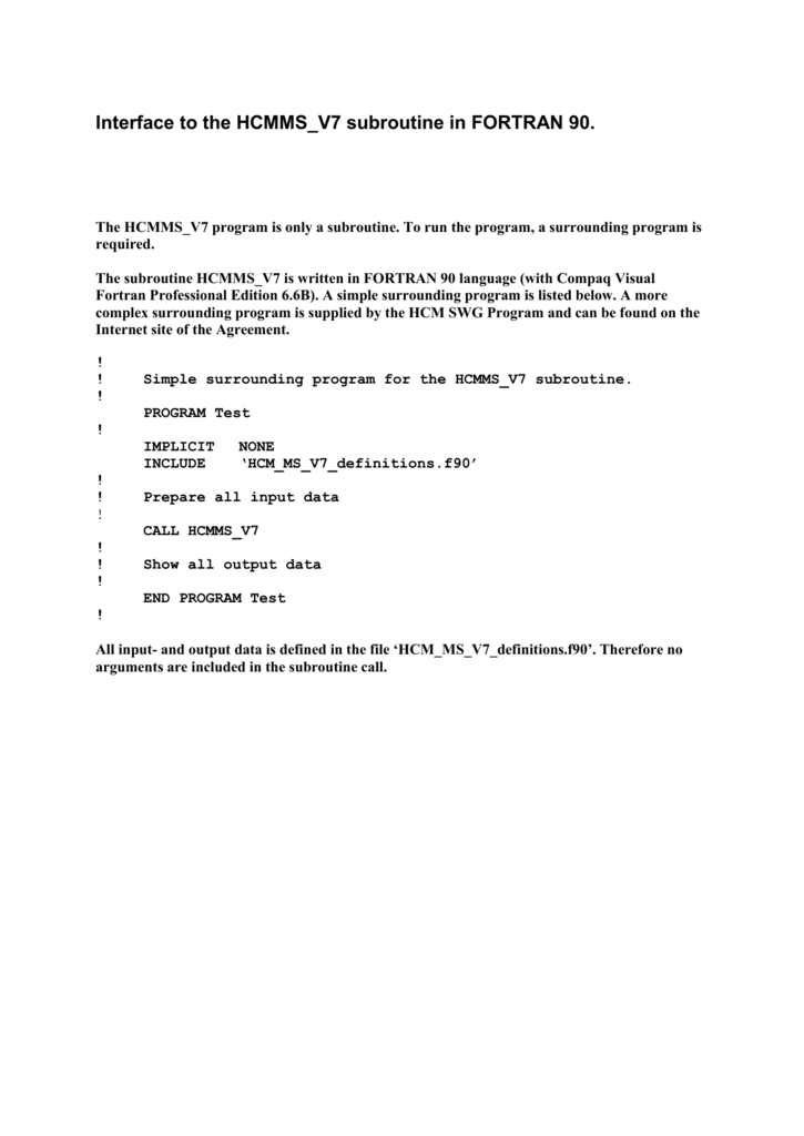 Interface To The Hcmms V7 Subroutine In Fortran 90