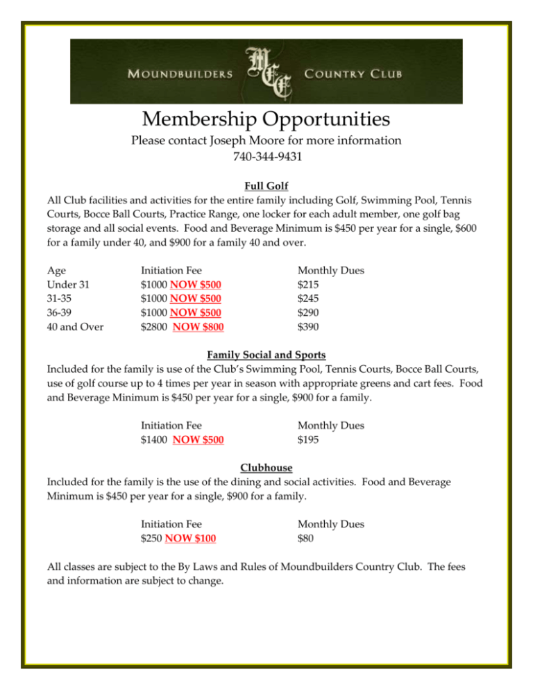 Current Membership Pricing Moundbuilders Country Club