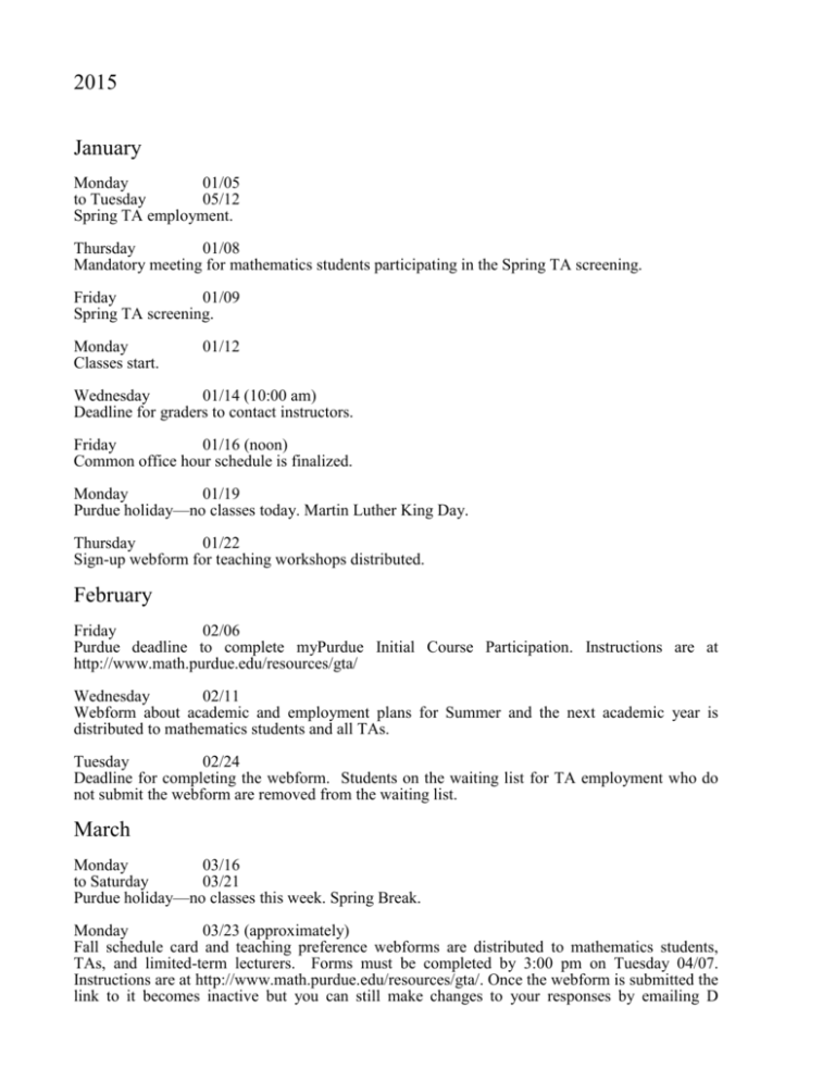 Important Purdue and Departmental Dates