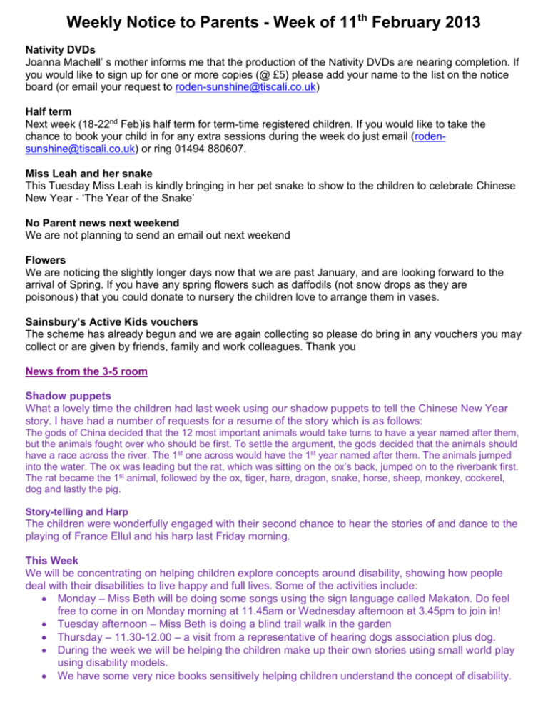 Weekly Notice To Parents Week Of 11th February 2013 Nativity