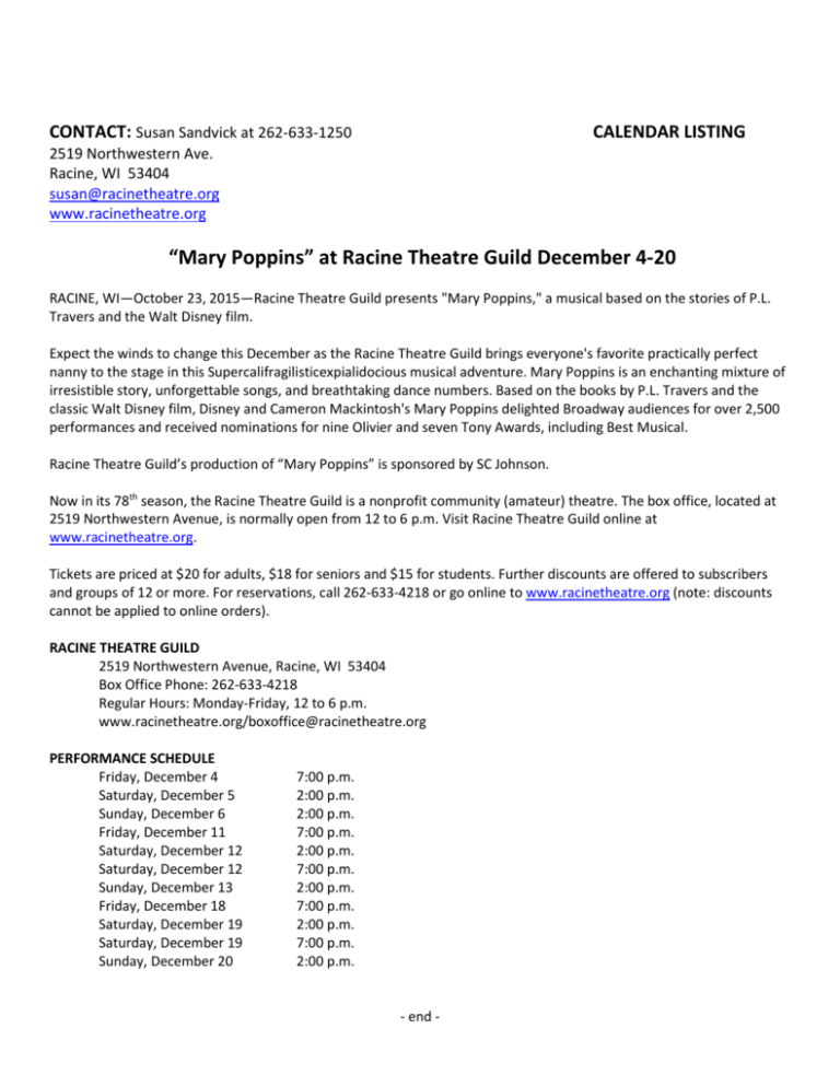 Mary Poppins Press Release Calendar