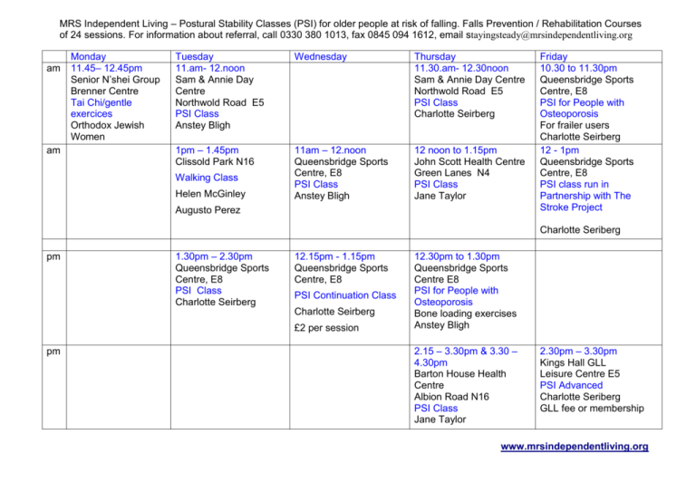 Hackney Stop Falls Network – Gentle Exercise and PSI Classes for