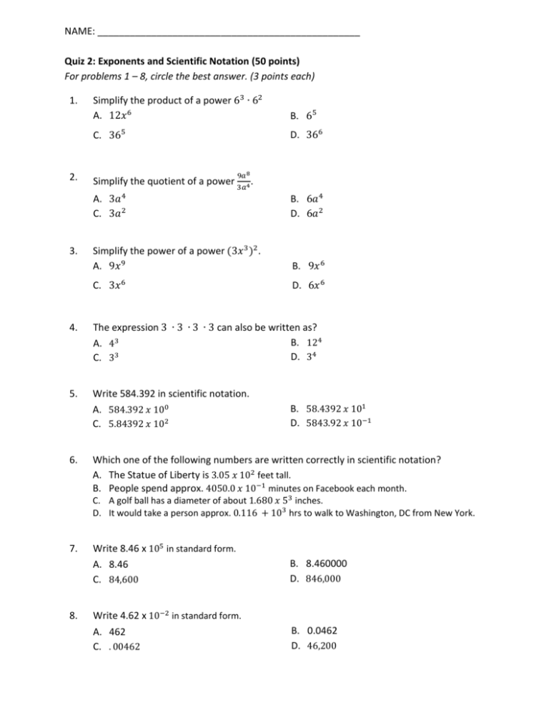 unit exponents and scientific notation homework 6