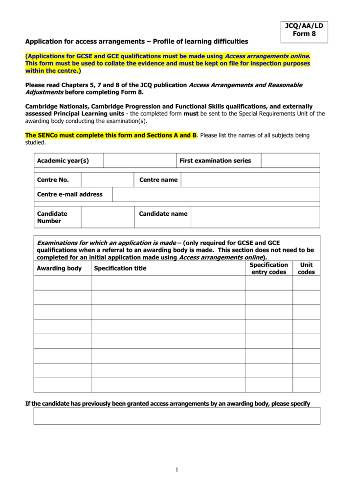 Jcq Form 8 Application For Access Arrangements