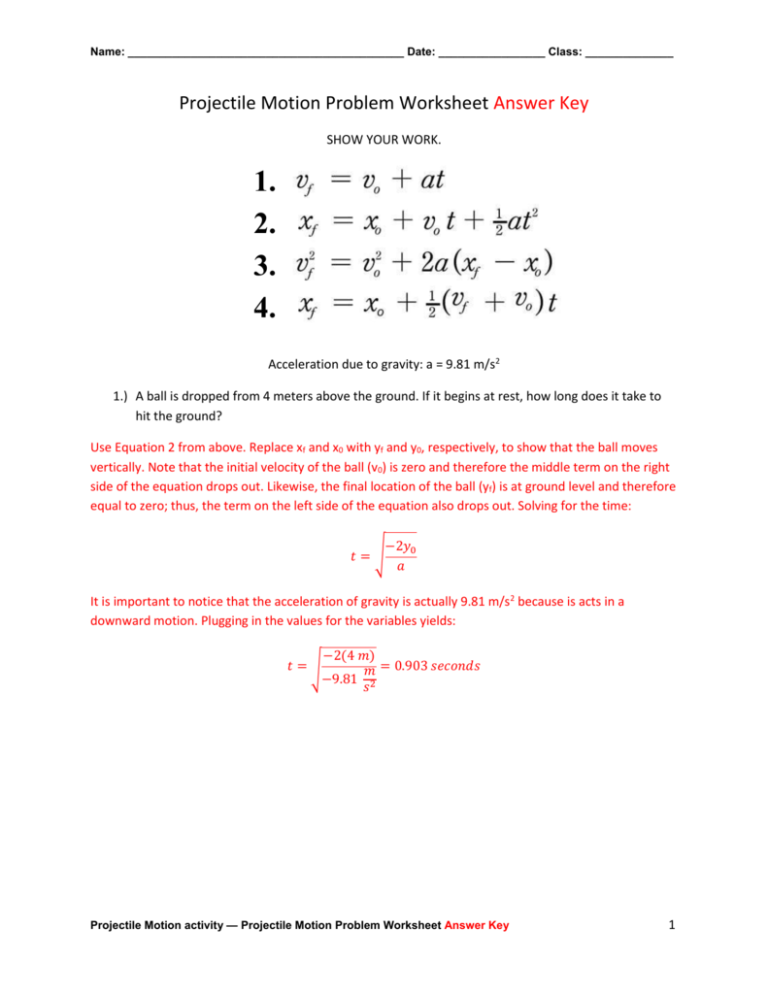 Projectile Motion Problem Worksheet Answer Key