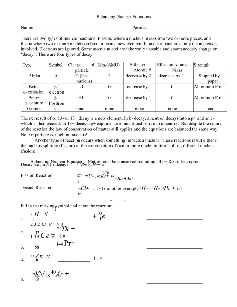 Balancing Nuclear Equations Worksheet Answers Ivuyteq
