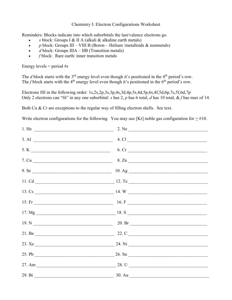 Chemistry I Electron Configurations Worksheet