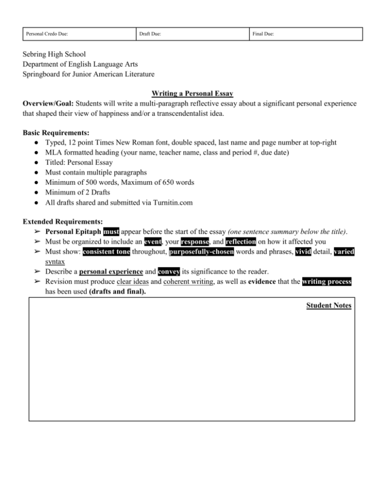 Unit 4 Personal Essay And Rubric Microsoft Word Document