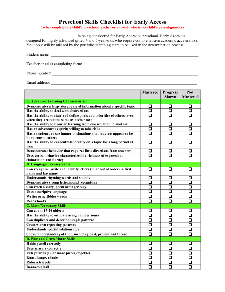 kindergarten skills checklist for teachers
