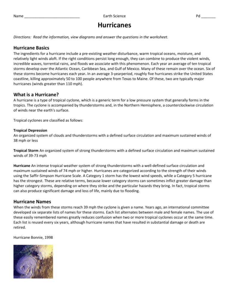 Hurricanes Worksheet