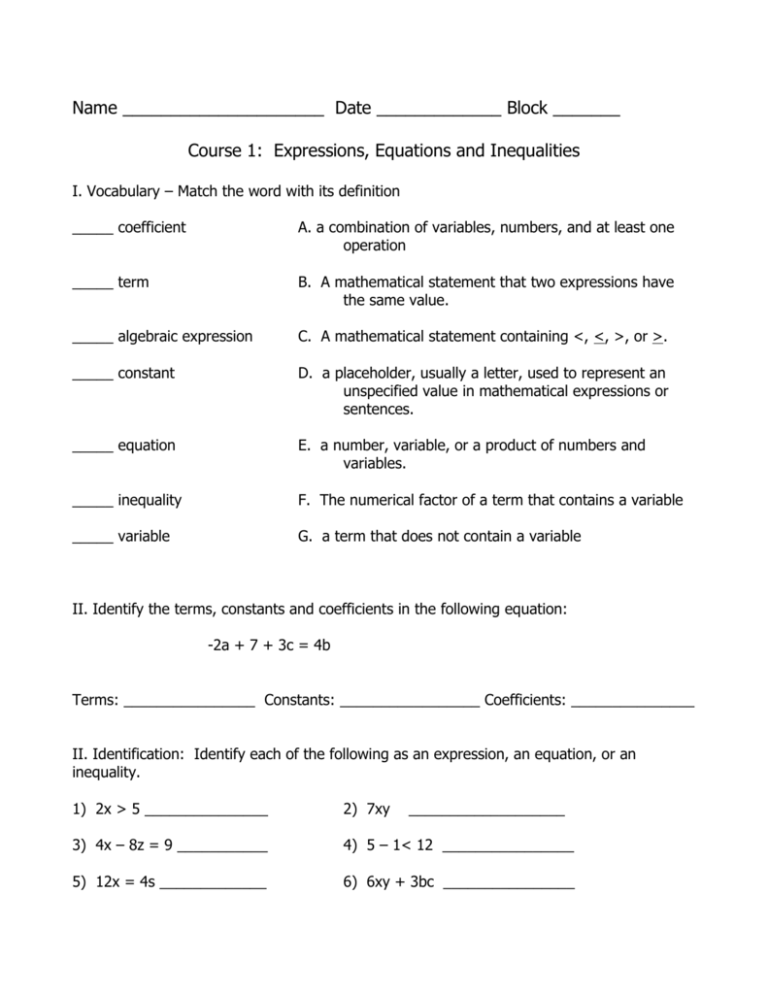 Unit 3 Expressions Equations And Inequalities Test B Answer Key