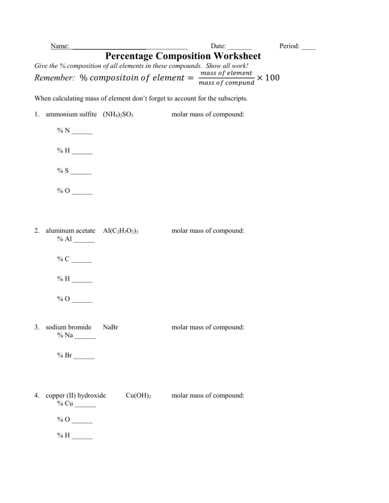 Percent Composition Inside Percent Composition Worksheet Answers