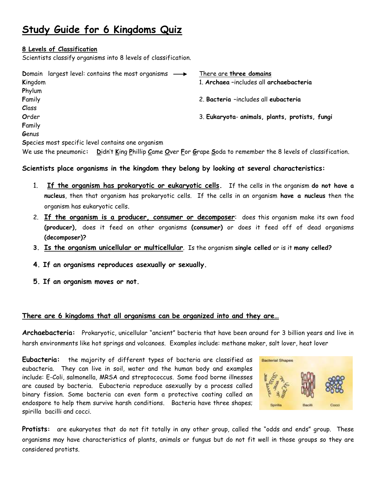 4 Eukaryotic Kingdoms Chart