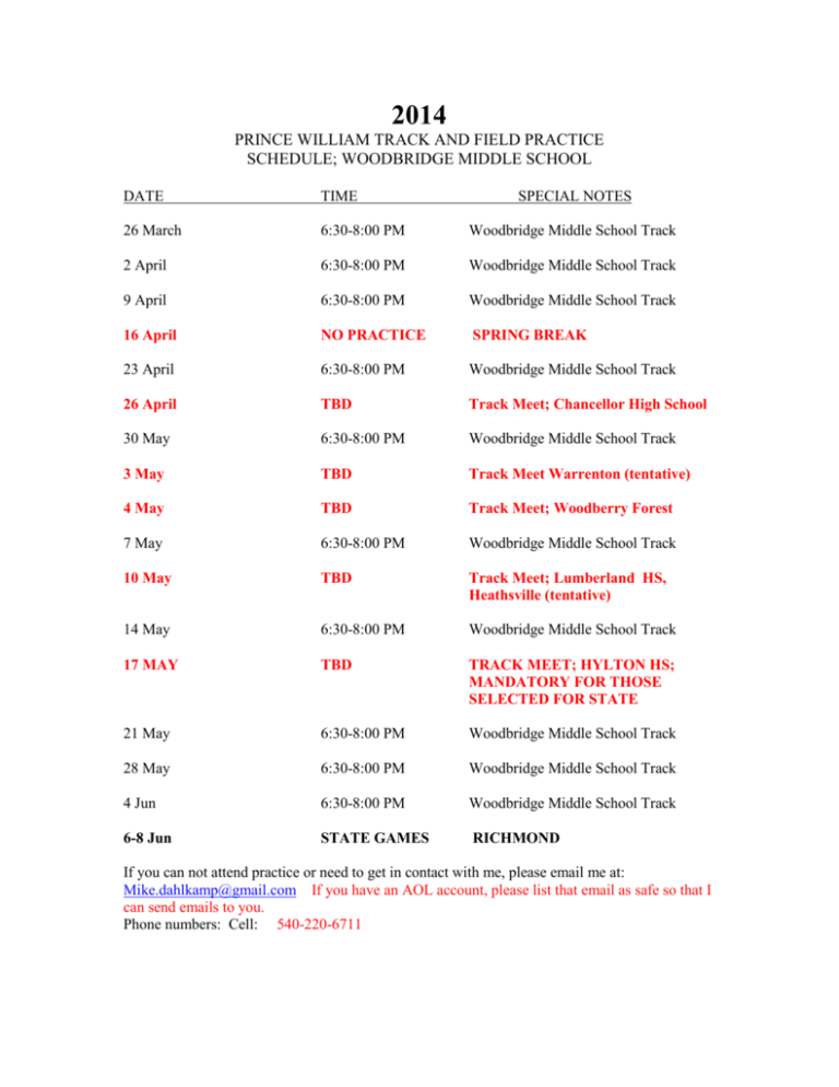 2014TRACK SCHEDULE Prince William Special Olympics