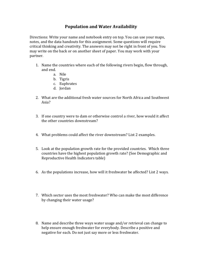 Population and Water Availablility questions Throughout Planet Earth Freshwater Worksheet