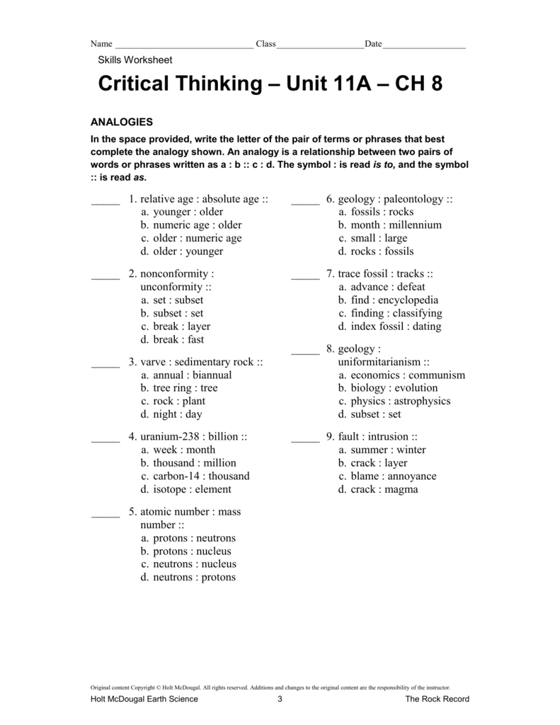 Skills Worksheet Critical Thinking Analogies