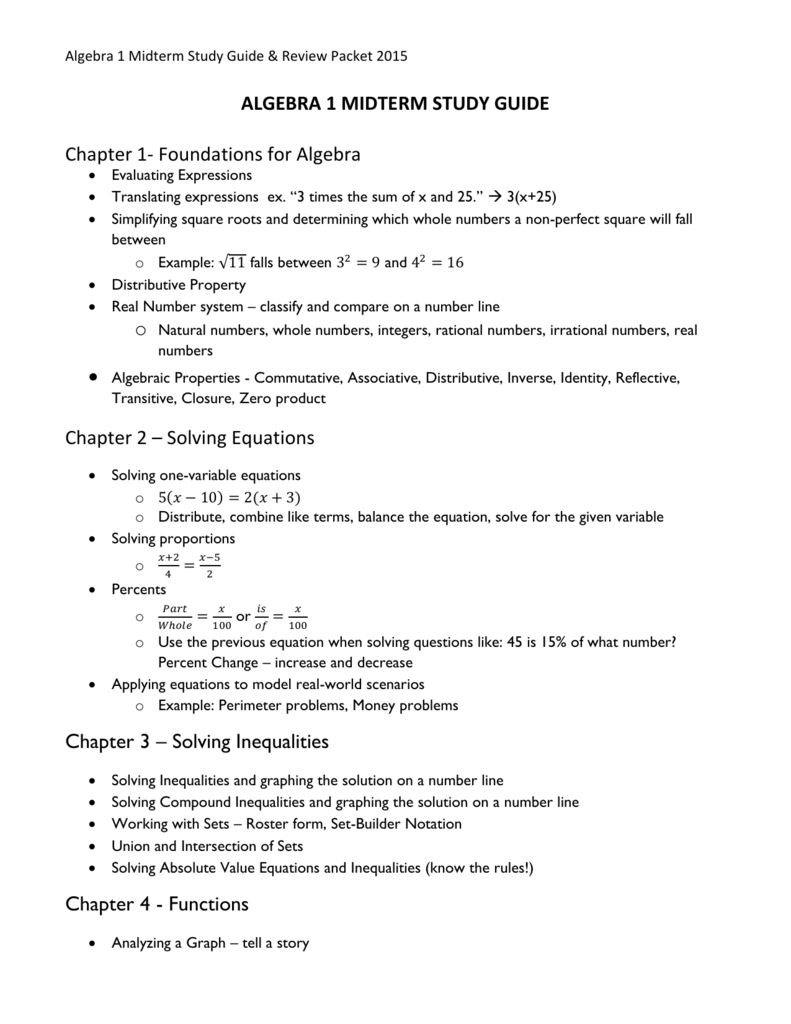 Algebra 1 Midterm Study Guide