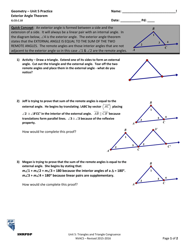 Geometry – Unit 24 Practice Name: ! Exterior Angle Theorem G.CO.C Intended For Exterior Angle Theorem Worksheet