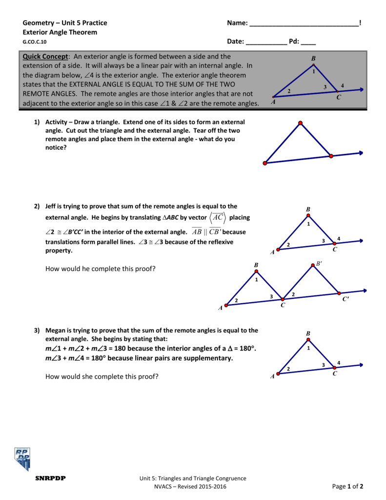 Geometry – Unit 25 Practice Name: ! Exterior Angle Theorem G.CO.C In Exterior Angle Theorem Worksheet