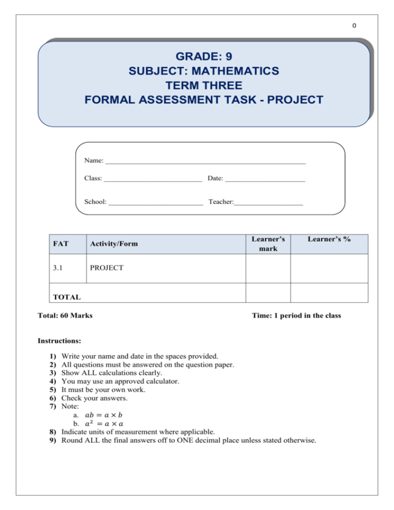 Mathematics Grade 9 FAT 3 1 Project