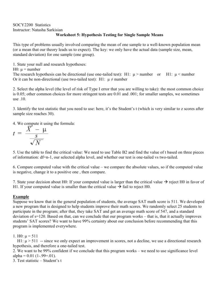hypothesis testing for means worksheet