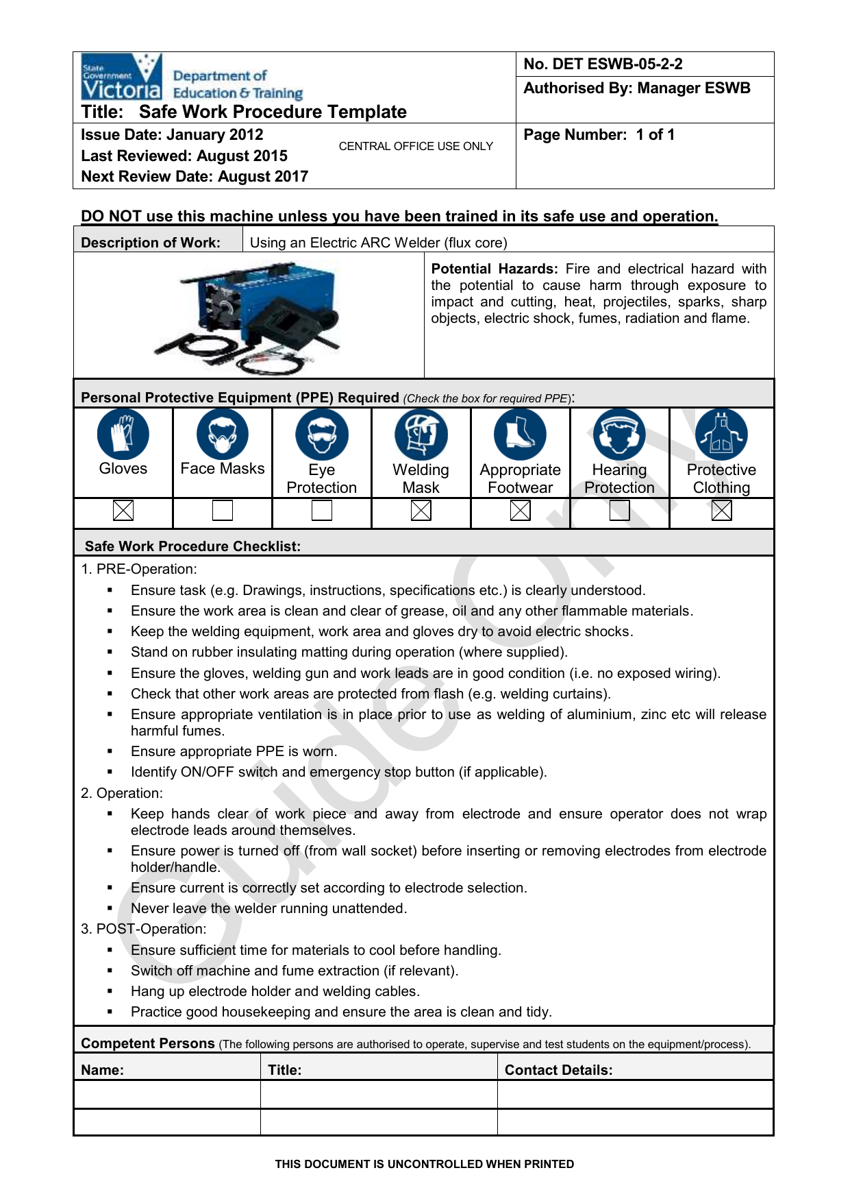 Safe Work Procedure Arc Welder