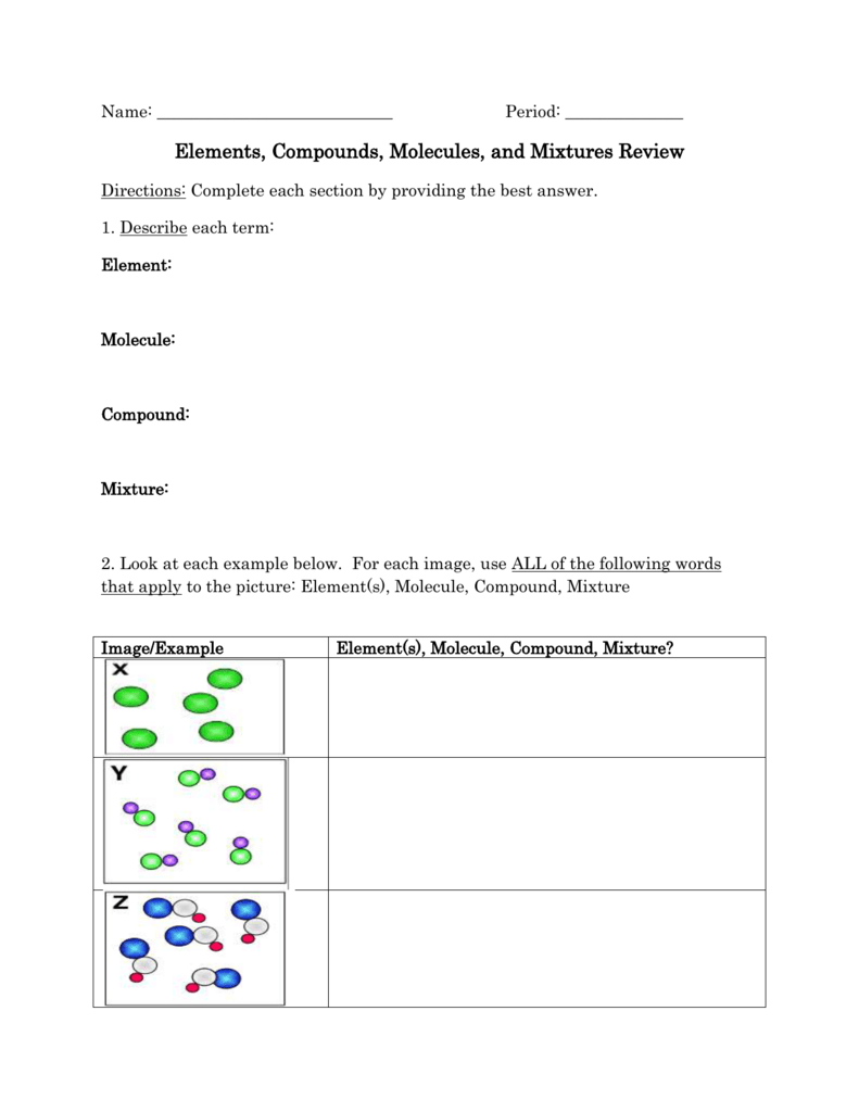 Molecules and Elements Review Sheet With Molecules And Compounds Worksheet