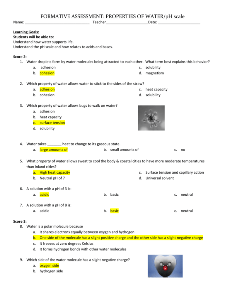 Practice Quiz On Water Answer Key