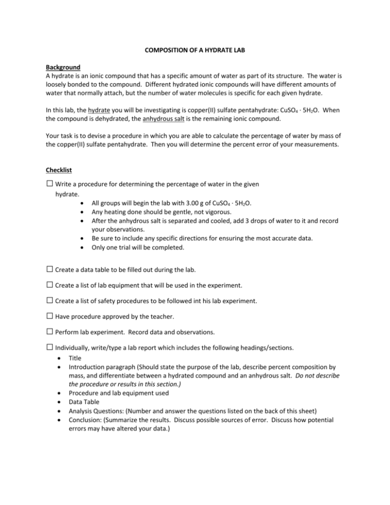 Position Of A Hydrate Lab Background A Hydrate Is An