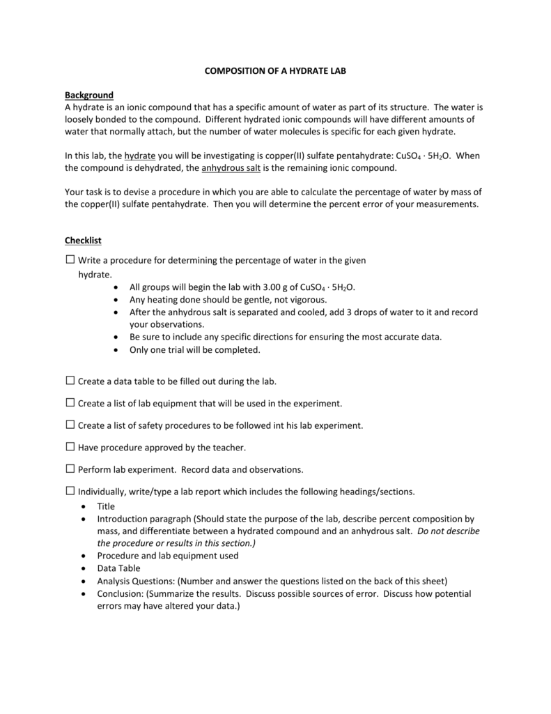 Position Of A Hydrate Lab Background A Hydrate Is An