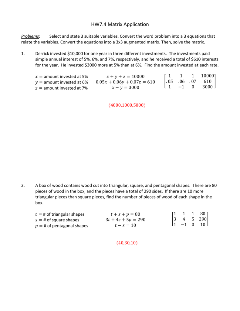 24x24 Systems Application Worksheet For Matrices Word Problems Worksheet