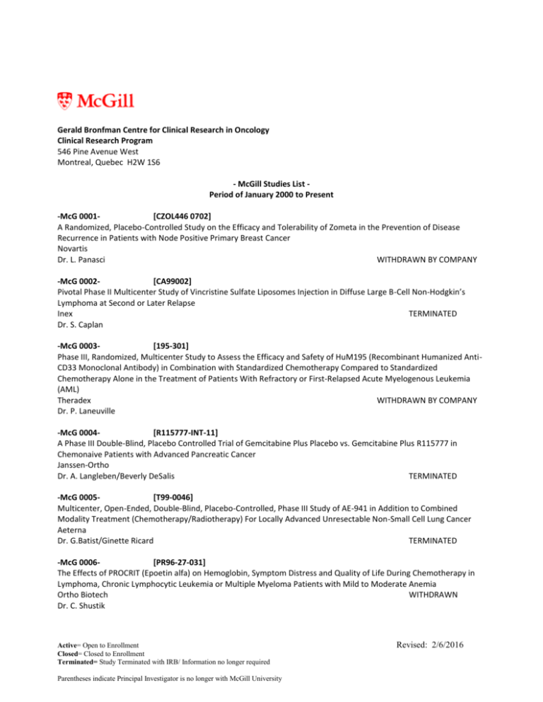 Protocols List Clinical Research Program