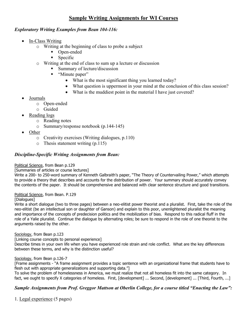 Sample Writing Assignments For WI Courses
