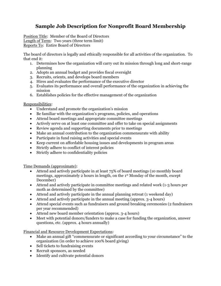 Sample Job Description For Nonprofit Board Member