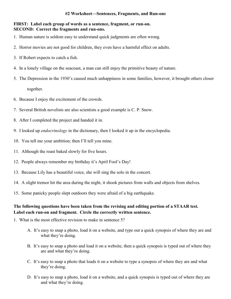 Run On And Fragment S 2 Worksheet
