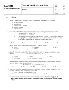 SCH3U Quiz – Chemical Reactions