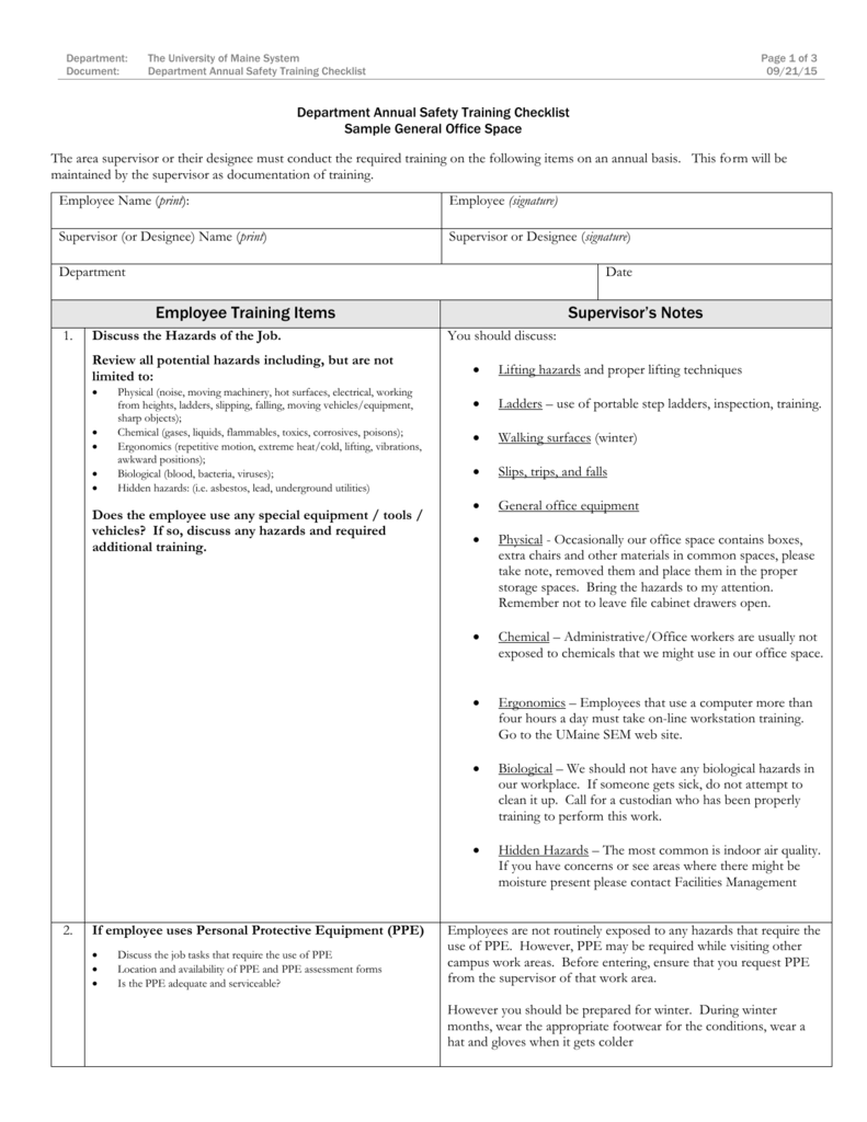 Department Annual Safety Training Checklist