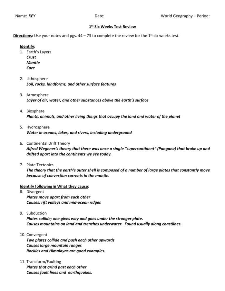 1st Six Weeks Test Review Key