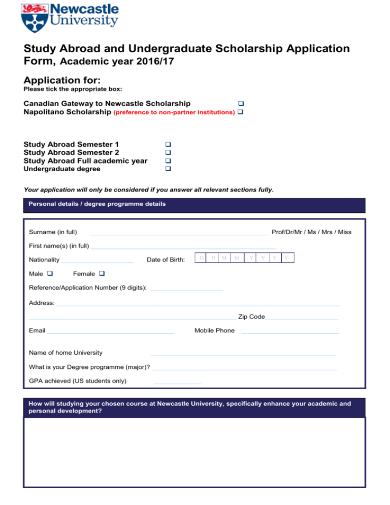 Application Form Newcastle University